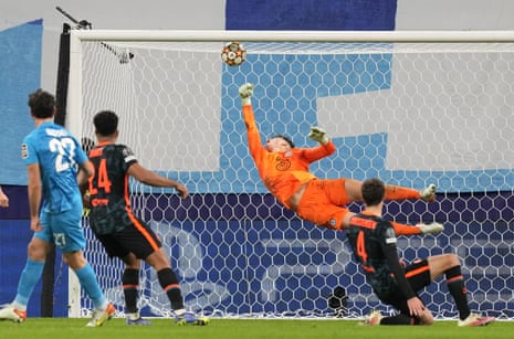 Chelsea’s goalkeeper Kepa Arrizabalaga dives but fails to save the goal from Zenit’s Magomed Ozdoev.
