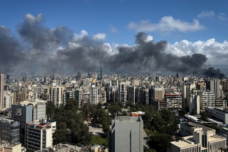Black smoke can be seen floating across the skyline of Beirut after the recent Israeli airstrikes