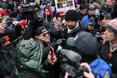 A man from Venezuela argues with people in support of President of Venezuela Nicolas Maduro outside of Daniel Patrick Moynihan United States Courthouse before Maduro’s and first lady Cilia Flores arraignment on January 05, 2026 in New York City.