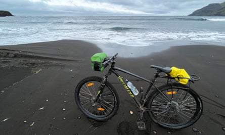 Kevin’s bike on Breiðavík black sand beach.