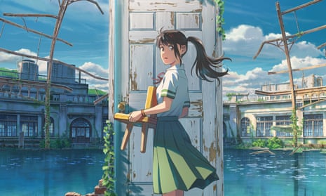 Suzume film still showing the title character in front of a magical door.
