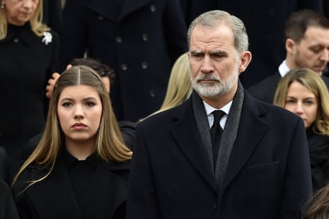 King Felipe of Spain and his daughter, Infanta Sofía, look on during the funeral of Princess Irene of Greece and Denmark at the Metropolitan Cathedral of Athens on 19 January 2026.