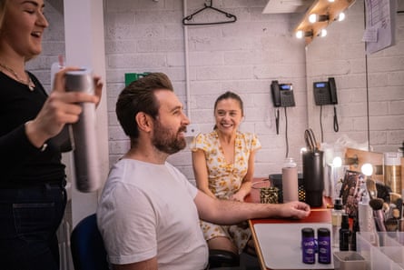 James McArdle and Bel Powley have their hair done backstage at the Old Vic as they prepare for the their roles as Annie and Henry in Tom Stoppard’s The Real Thing.