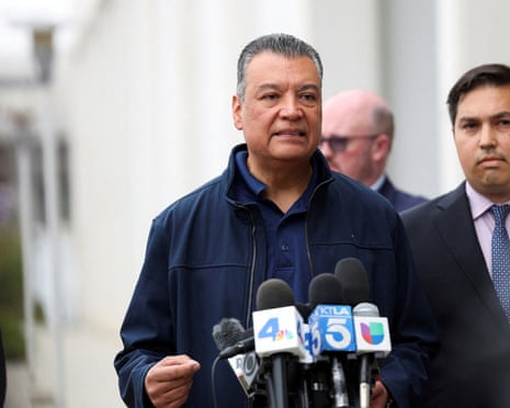 Alex Padilla gives a statement after being detained and removed from a press conference held by Kristi Noem in Los Angeles on 12 June.