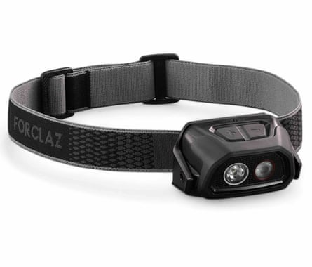A Head Torch with adjustable strap. It is black with light grey branding.