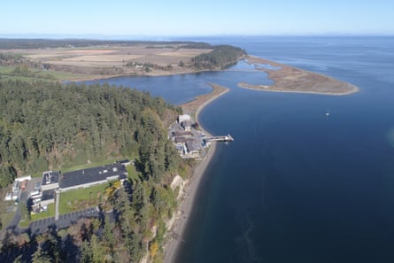 Aerial shot of Ebb Carbon’s plant at the mouth of Sequim Bay in the Salish Sea.