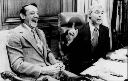 The San Francisco supervisor Harvey Milk (left) pictured with the mayor George Moscone in April 1977