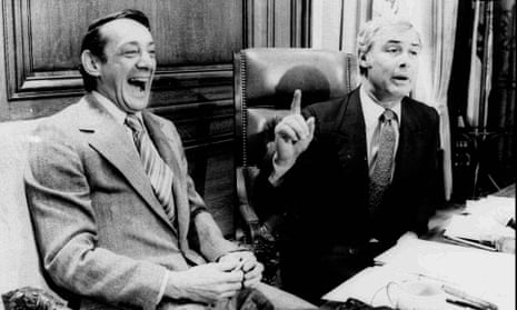 San Francisco Supervisor Harvey Milk, left, and Mayor George Moscone are shown in April 1977 in the mayor’s office during the signing of the city’s gay rights bill 