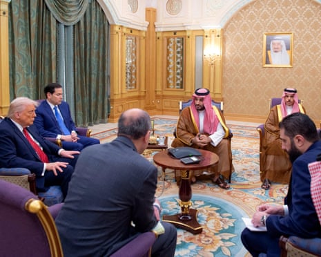 Donald Trump with US secretary of state Marco Rubio, Syria's interim president Ahmed al-Sharaa (right), Saudi crown prince Mohammed bin Salman (centre) and Saudi foreign minister Faisal bin Farhan (second right) in Riyadh.