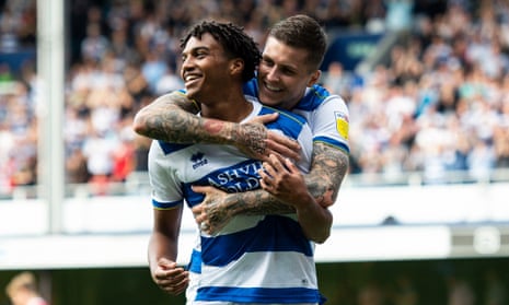Sam McCallum gets a hug from Lyndon Dykes after scoring for QPR at home to Bristol City last month