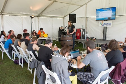 A virtual reality games workshop, held in a tent at BuzzConf 2016
