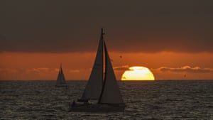 Sailing boats off Venice Beach, Los Angeles at sunset