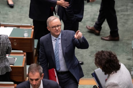 Prime minister Anthony Albanese points to the speakers gallery as he leaves question time.