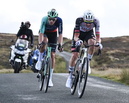 Tim Wellens (right) ahead of Cees Bol earlier on stage four of the Tour of Britain