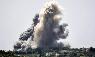 Smoke plumes erupt during Israeli bombardment on the village of Alma al-Shaab in south Lebanon on 25 April 25.