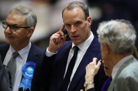 Dominic Raab at a counting centre for Britain’s general election in Esher