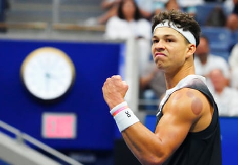 Ben Shelton celebrates winning the third set tie-break.