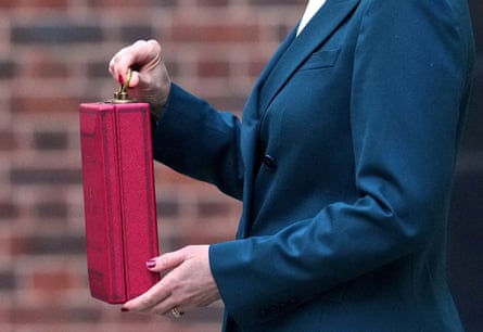 Rachel Reeves holds up the traditional red ministerial box outside No 11 Downing Street on budget day before heading to the Commons.