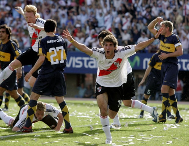 Higuaín celebrates after scoring for River Plate against Boca Juniors in Buenos Aires in 2006.