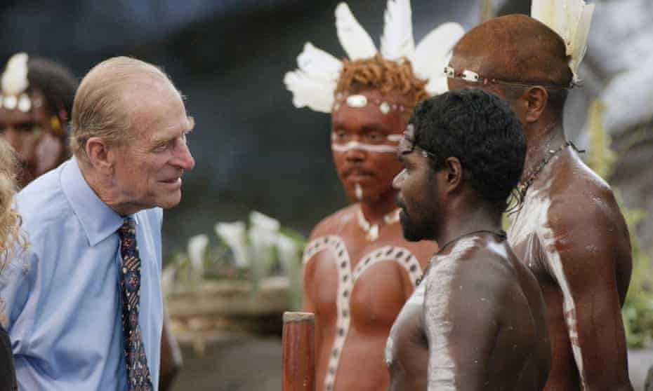 Prince Philip meeting Indigenous Australian cultural performers in 2002.