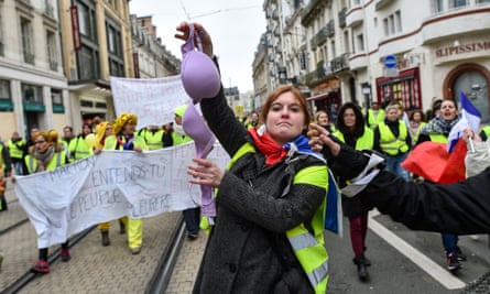 Hundreds of women wearing yellow vests demonstrated in Le Mans, France, on Sunday.