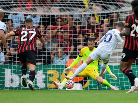 James Maddison slots the ball past the Bournemouth goalkeeper Neto