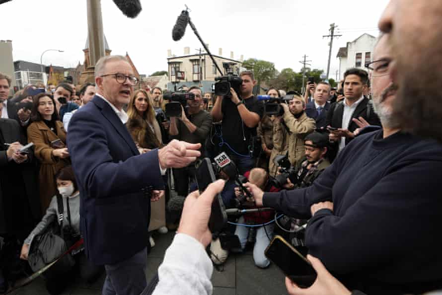 Anthony Albanese talks to the media after he voted in his Sydney electorate of Grayndler