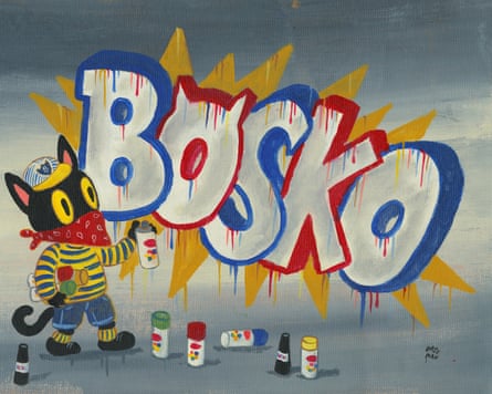 Drawing of a cat writing ‘Bosko’ in graffiti