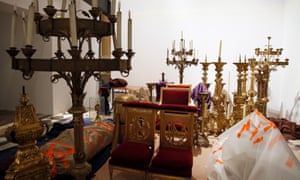 Religious artefacts that were saved from Notre-Dame cathedral are stored in a room of the Paris City Hall on April 16, 2019.