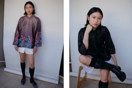 Side by side of Isabella wearing her grandma’s clothes