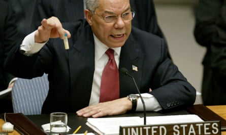 Colin Powell holding up a vial that he described as one that could contain anthrax, during his presentation on Iraq to the UN security council in February 2003.