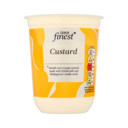 A plastic tub of Tesco Finest vanilla custard with an orange and white label
