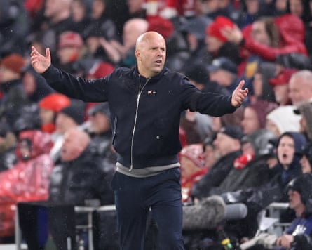 Arne Slot reacts during Liverpool’s Champions League exit against Paris Saint-Germain that saw a season-ending injury to Hugo Ekitike