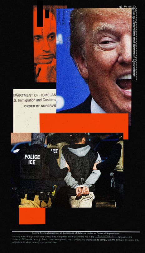 Montage of images of Donald Trump, government documents and people being arrested by ICE officers