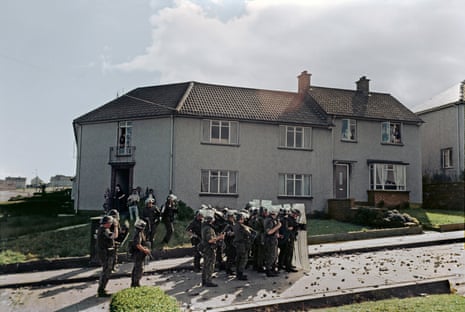 British soldiers in riot gear during a protest, Creggan Estate, Derry city, Northern Ireland, c1970.
