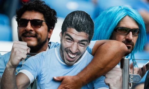 Uruguay supporters with cardboard cutout of Luis Suarez