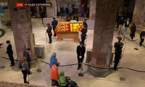 Members of the public file past the coffin of Queen Elizabeth II, who is lying in rest at St Giles’ Cathedral, Edinburgh.