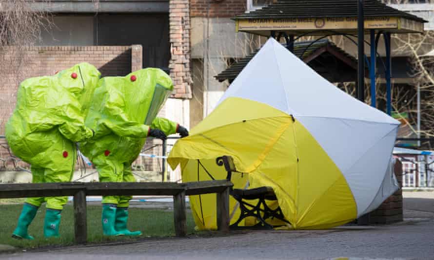 Specialist officers in protective suits investigate the first novichok incident – the poisoning of the Skripals, in Salisbury.
