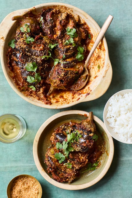 Ravinder Bhogal’s oven baked hasselback aubergine curry with peanut crust.