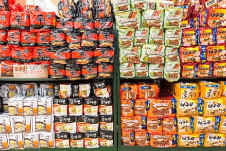 Instant noodles cup and packages of various brands displayed in a supermarket in Seoul in South Korea
