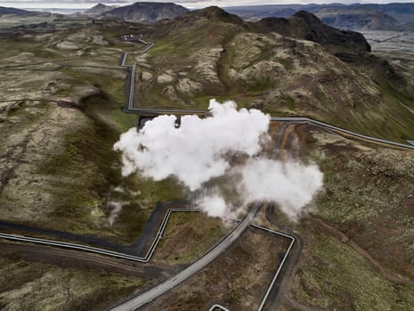 Clouds rising from geothermal wells in Hellisheidi power station in Iceland
