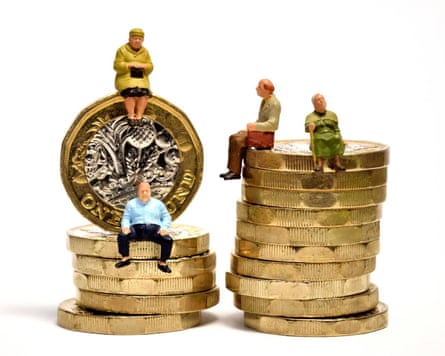 Four small figurines of older people sitting on two stacks of pound coins