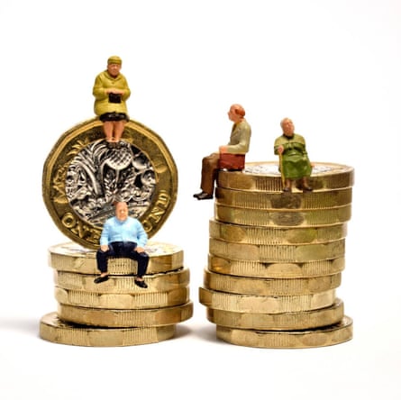 An illustration of pensioners sitting on piles of pound coins of varying heights