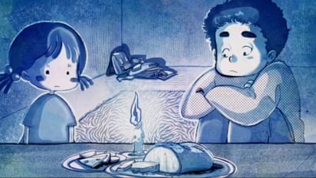 Animation of two children sitting around a candle looking anxious with some food on plates.