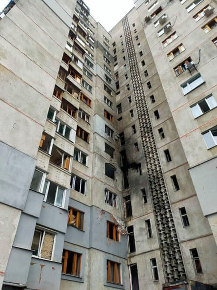 Damage to Oksana Sinko’s 16-story tower block in Saltivka, a suburb of Kharkiv
