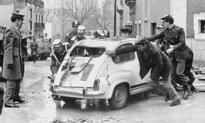The wrecked car of Spanish prime minister Luis Carrero Blanco after an Eta bomb attack in Madrid in 1973.