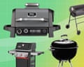 BBQ ComA composite image showing four different BBQ on a green and yellow tiled background.posite