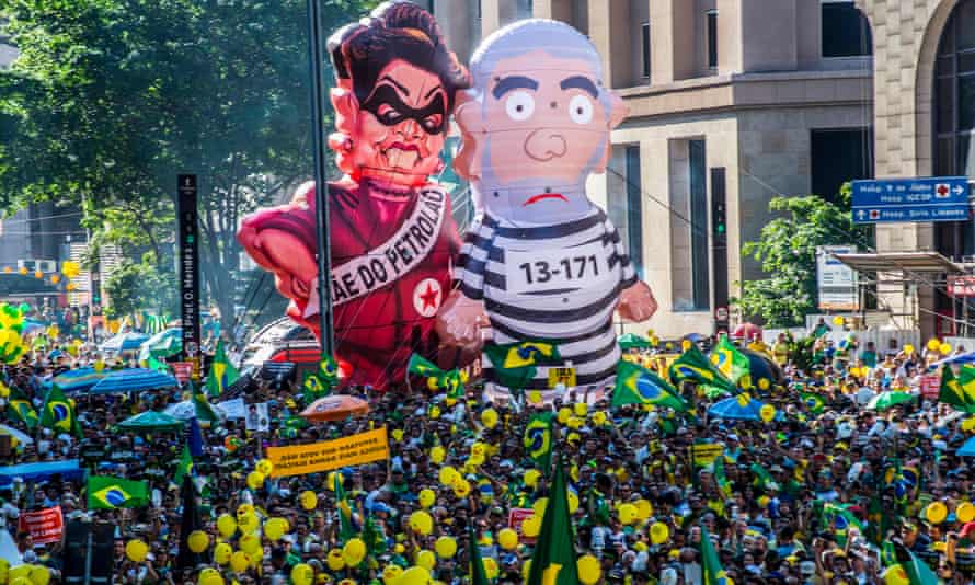Inflatable effigies of Dilma Rousseff and Luiz Inácio Lula da Silva at a protest in São Paulo in April 2016.