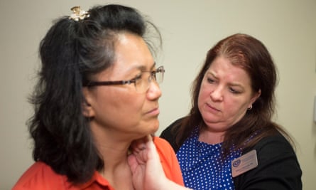 Dr Rebecca Edgeworth checks on Pam Lim, a 57-year-old woman from Malaysia.