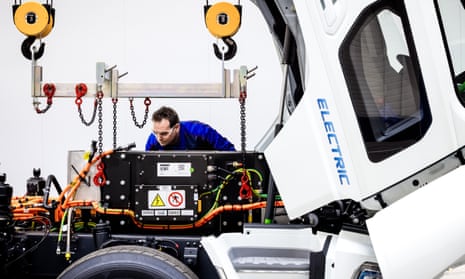 DAF worker assembles an electric truck plant in its Netherlands plant